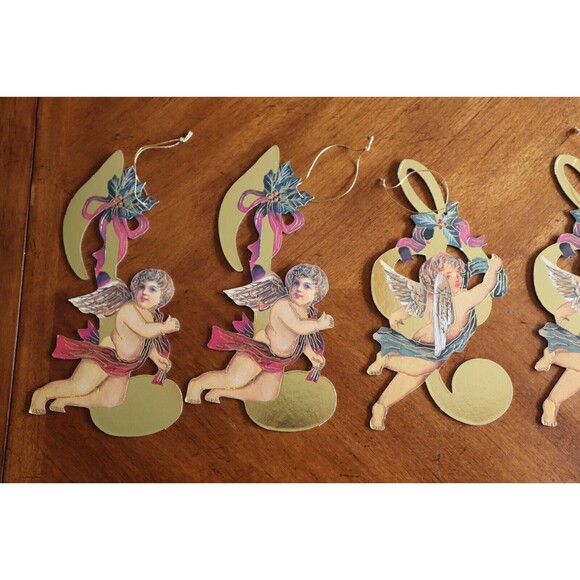 Lot 6x Victorian Die Cut Out Christmas Ornament Angel Cherub Musical Note Bows - Picture 8 of 12